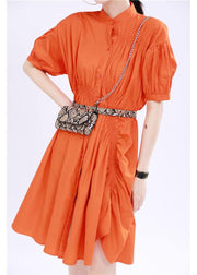 Women Orange Cinched Mid Summer Cotton Dress - bagstylebliss