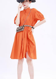 Women Orange Cinched Mid Summer Cotton Dress - bagstylebliss