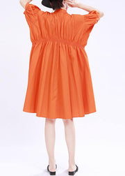 Women Orange Cinched Mid Summer Cotton Dress - bagstylebliss