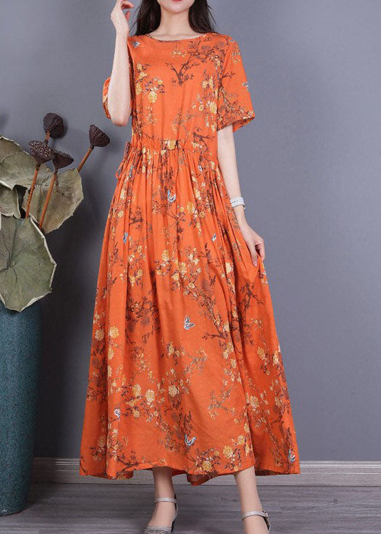 Frauen Orange Cinched Print Baumwolle Langes Kleid Kurzarm