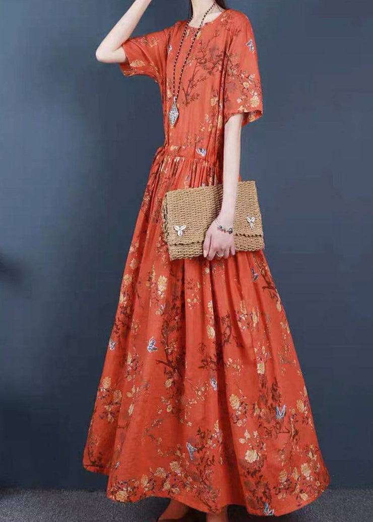 Women Orange Cinched Print Cotton Long Dress Short Sleeve