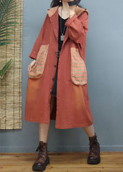 Women Orange Hooded Pockets Patchwork Cotton Coats Fall