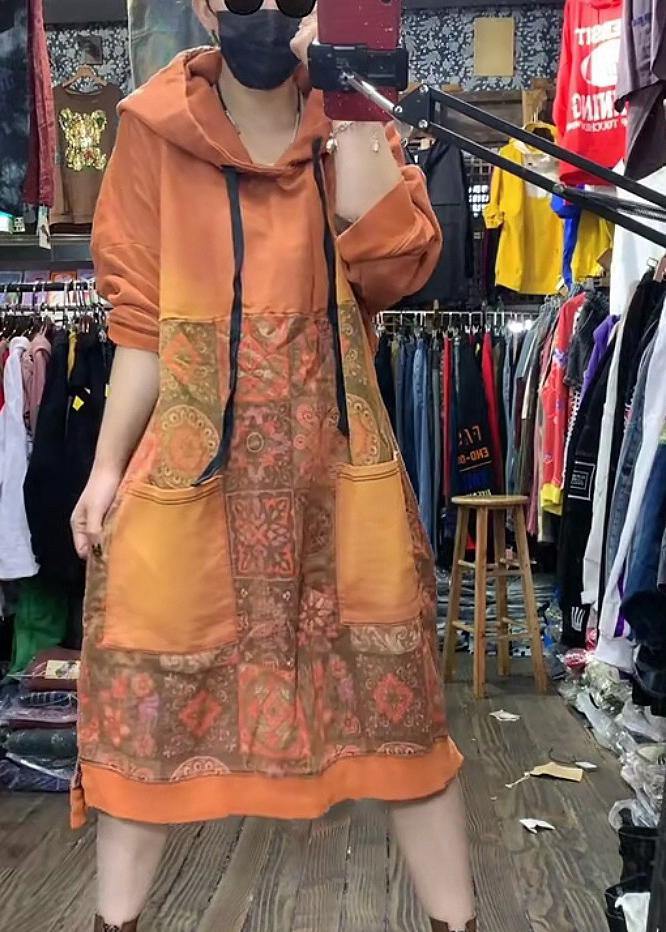 Women Orange Hooded Print Long Dresses Spring Cotton Dress - bagstylebliss
