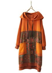 Women Orange Hooded Print Long Dresses Spring Cotton Dress - bagstylebliss