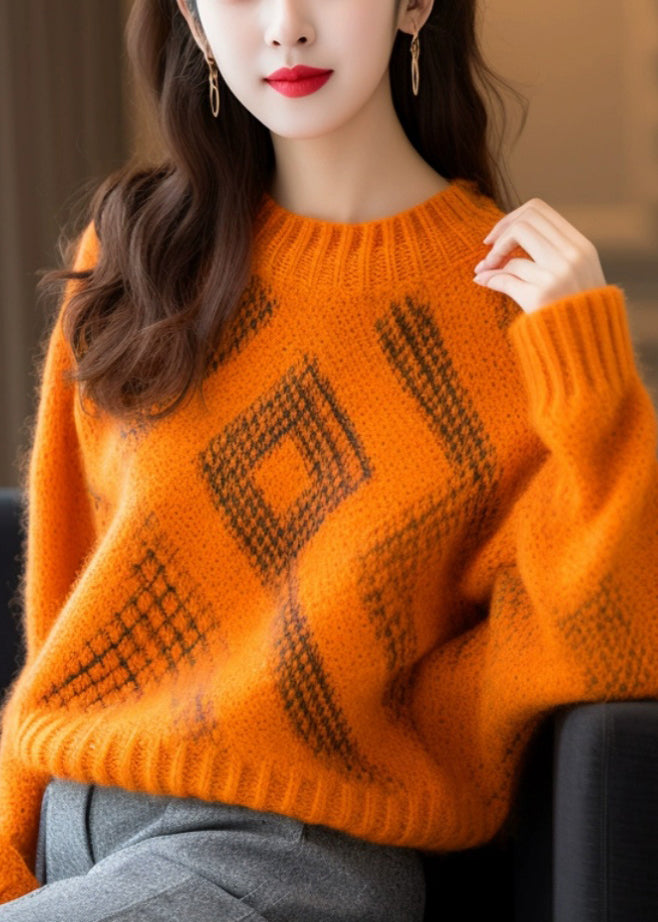 Women Orange O Neck Cozy Thick Cotton Knit Sweaters Long Sleeve