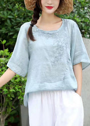 Women Orange O-Neck Embroideried Linen Shirt Top Short Sleeve