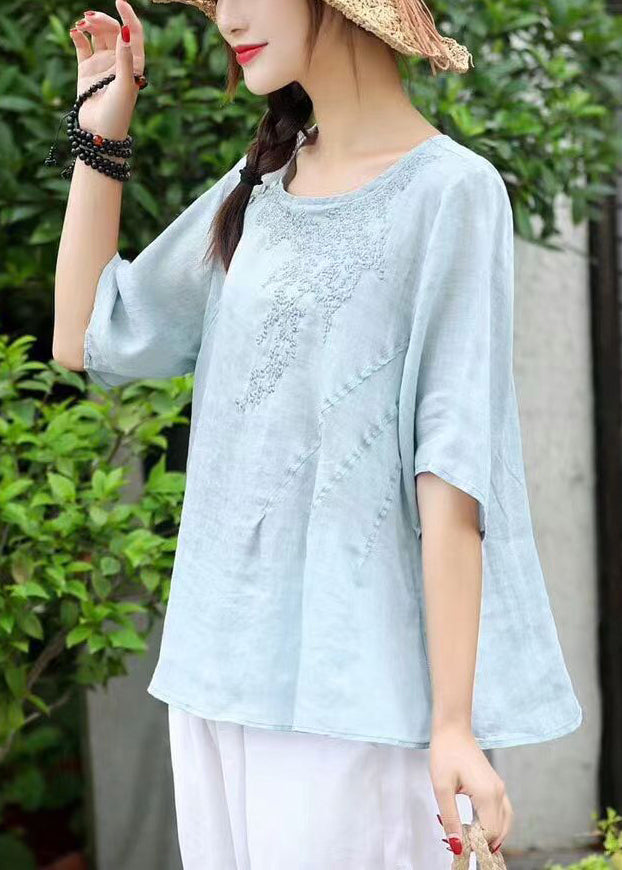 Women Orange O-Neck Embroideried Linen Shirt Top Short Sleeve