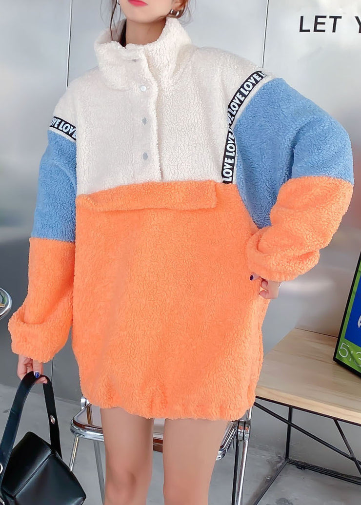 Women Orange Patchwork Button Winter Sweatshirts