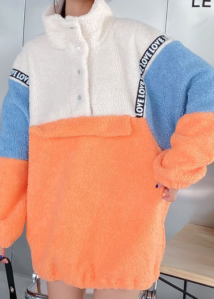 Women Orange Patchwork Button Winter Sweatshirts