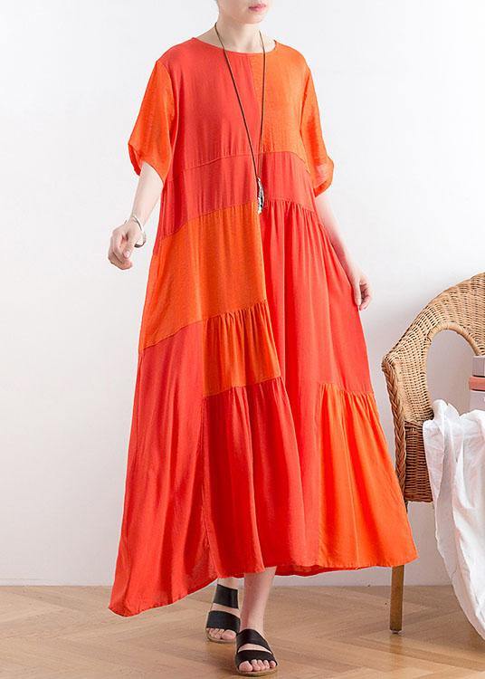 Women Orange Patchwork Cotton Loose Holiday Dress - bagstylebliss