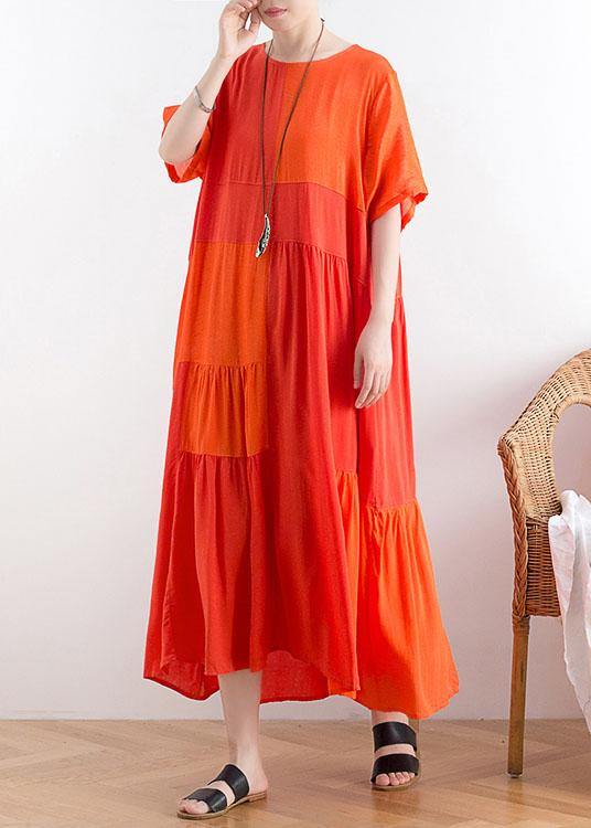 Women Orange Patchwork Cotton Loose Holiday Dress - bagstylebliss