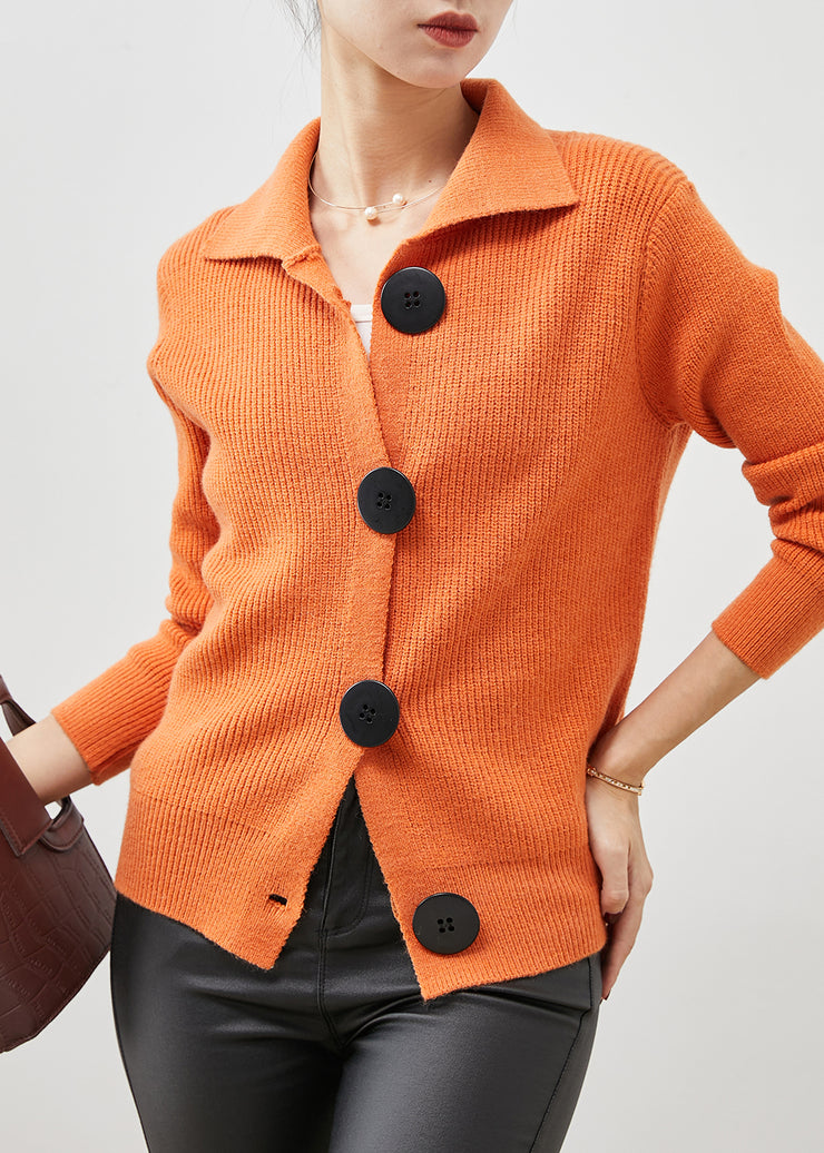 Women Orange Peter Pan Collar Button Down Knit Cardigans Spring