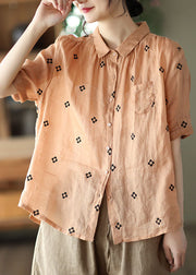 Women Orange Peter Pan Collar Linen Shirt Top Short Sleeve