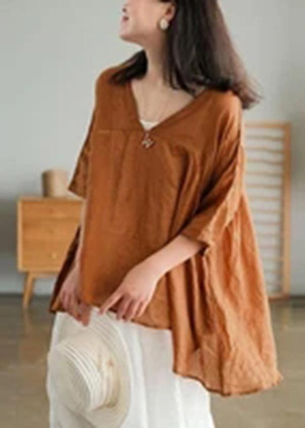 Women Orange Ramie Lace-up Pure Color Irregular Casual T-shirt - bagstylebliss
