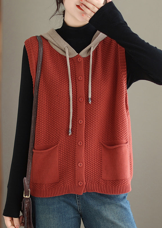 Women Orange Red Hooded Button Cotton Knit Waistcoat Sleeveless