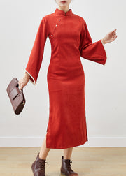 Women Orange Silm Fit Cotton Vacation Dresses Cheongsam Flare Sleeve