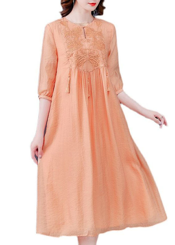 Women Orange Tasseled Embroidered Patchwork Silk Dress Half Sleeve