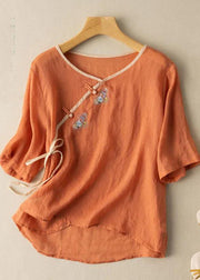 Women Orange V Neck tie waist Embroidered Linen Shirt Top Spring