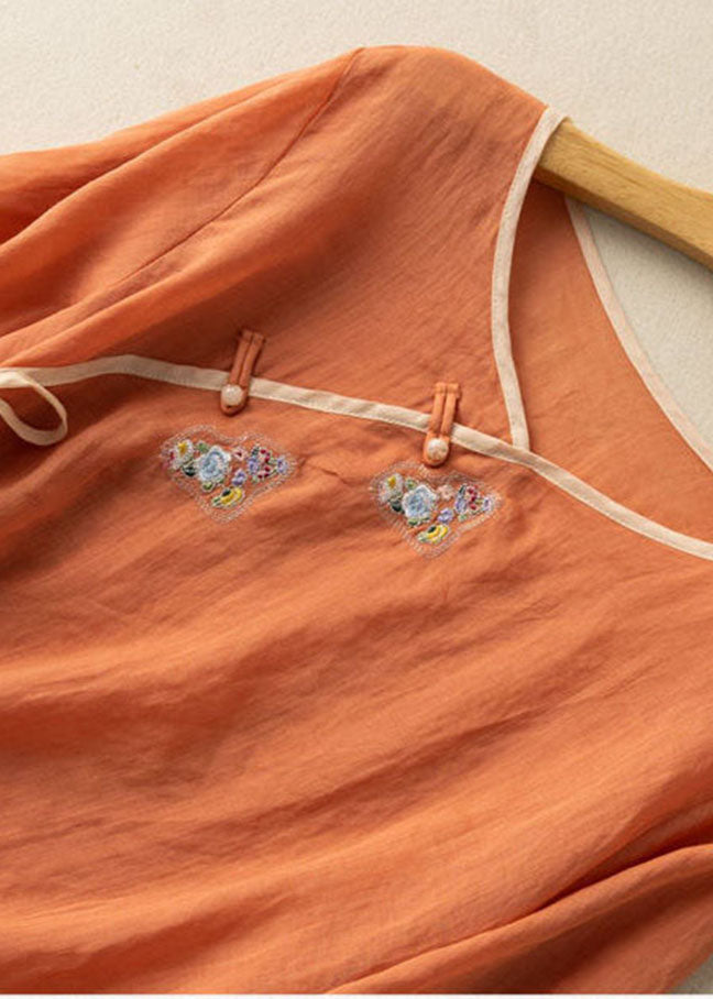 Women Orange V Neck tie waist Embroidered Linen Shirt Top Spring