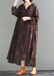 Women Oversized Chinese Button Print Silk Long Dress Fall