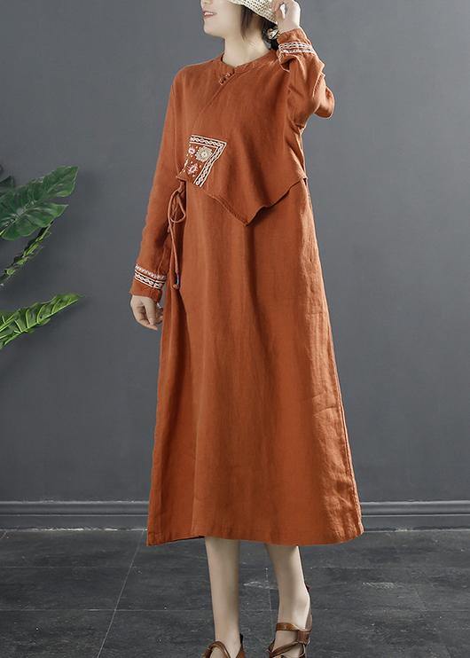 Women Patchwork Clothes Tutorials Orange Embroidery Robes Dress - bagstylebliss