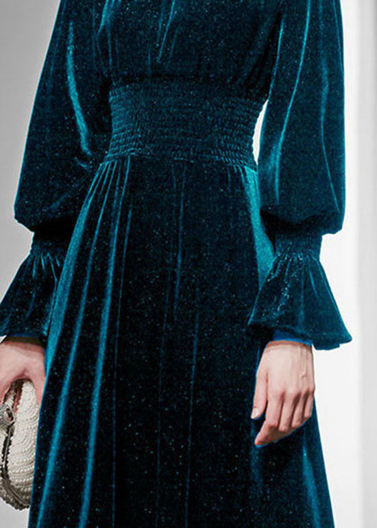 Women Peacock Blue Hign Neck Velour Maxi Dresses Lantern Sleeve