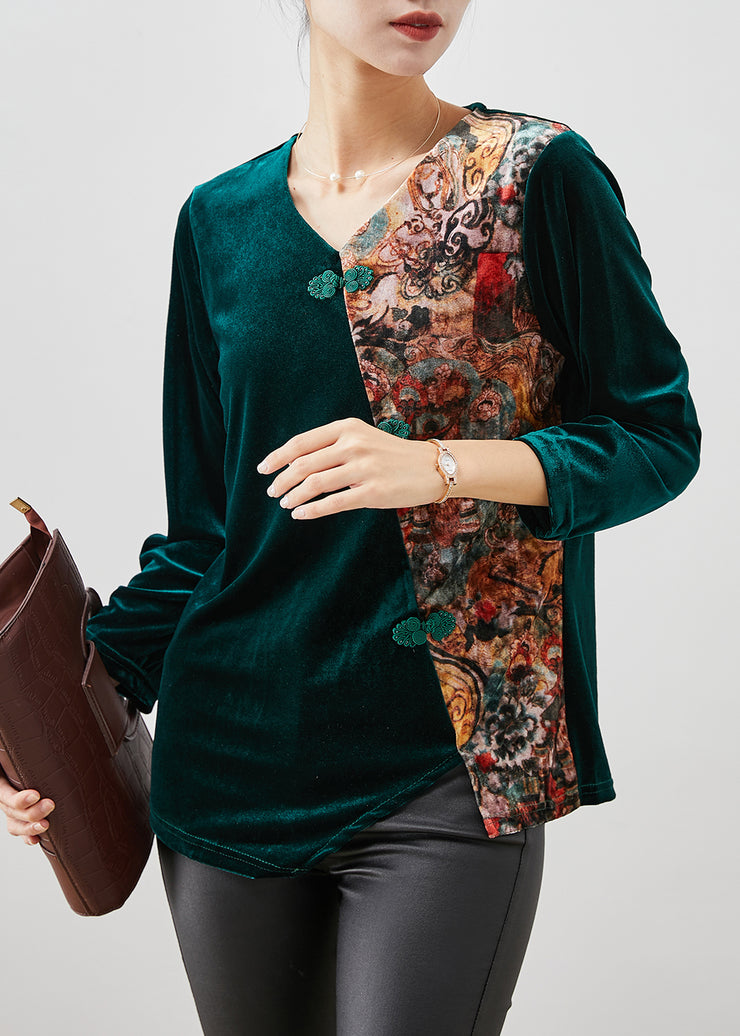 Women Peacock Green Asymmetrical Patchwork Silk Velour Shirt Tops Winter