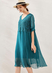 Women Peacock blue Chiffon A Line Spring Long Dresses Short Sleeve - bagstylebliss