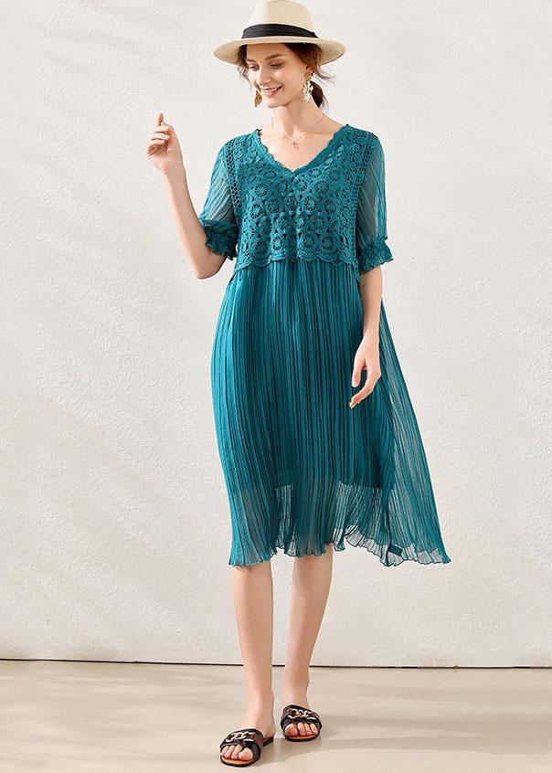 Women Peacock blue Chiffon A Line Spring Long Dresses Short Sleeve - bagstylebliss