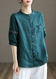 Women Peacock blue Embroideried Patchwork Tops Half Sleeve