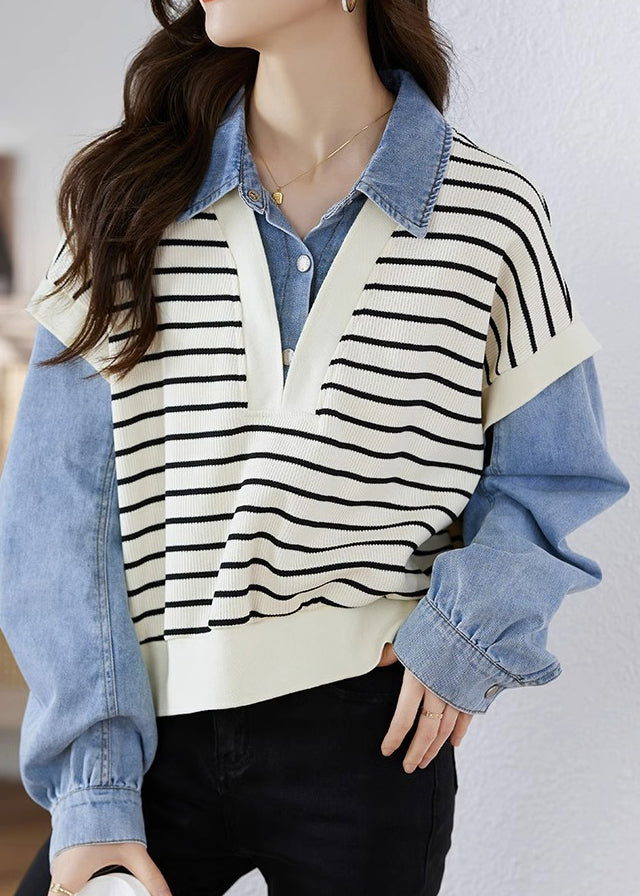 Women Peter Pan Collar Denim Patchwork False Two Pieces Knit Blouse Tops Fall