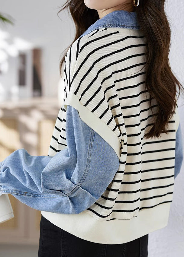 Women Peter Pan Collar Denim Patchwork False Two Pieces Knit Blouse Tops Fall