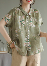 Women Peter Pan Collar Color stripes Button Low High Design Linen Shirts Short Sleeve