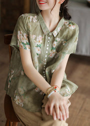 Women Peter Pan Collar Print Button Low High Design Linen Shirts Short Sleeve