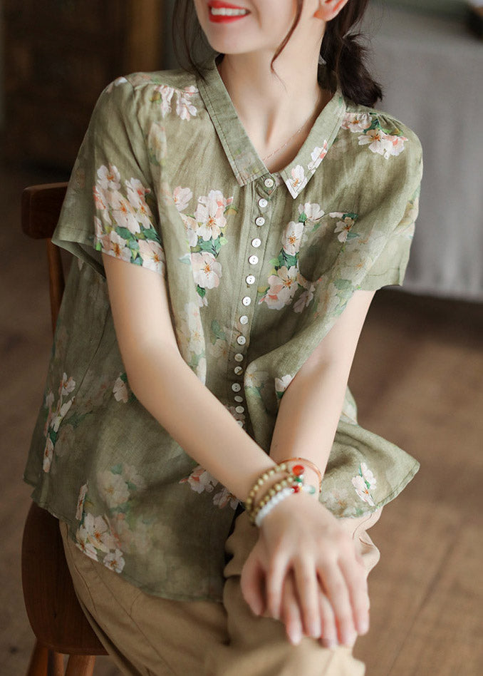 Women Peter Pan Collar Black geometry Button Low High Design Linen Shirts Short Sleeve