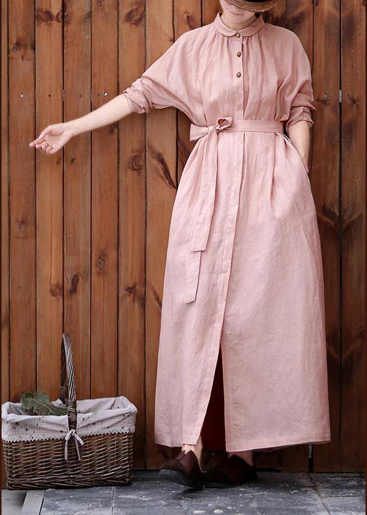 Women Peter pan Collar tie waist Plus Size outfit pink Knee coats - bagstylebliss