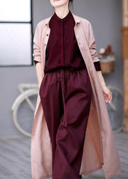 Women Peter pan Collar tie waist Plus Size outfit pink Knee coats - bagstylebliss