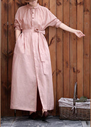 Women Peter pan Collar tie waist Plus Size outfit pink Knee coats - bagstylebliss