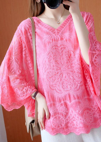 Women Pink Asymmetrical Design Summer Lace Top - bagstylebliss