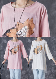 Women Pink Asymmetrical Print Linen Blouse Tops Fall