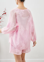 Women Pink Embroidered Chinese Button Linen Silk 2 Piece Outfit Summer