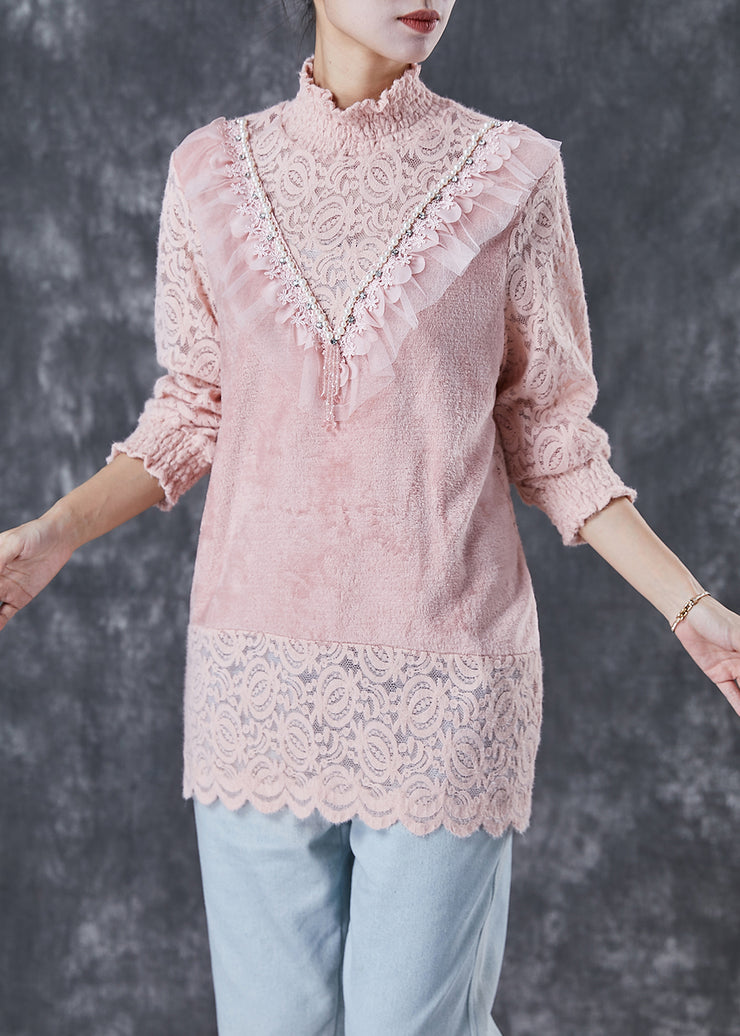 Women Pink High Neck Patchwork Lace Velour Shirts Winter