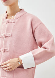 Women Pink Mandarin Collar Chinese Button Pockets Woolen Coats Fall