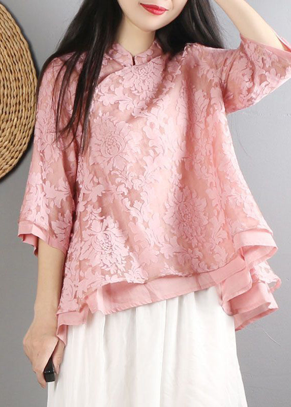 Women Pink Mandarin Collar Cotton Shirt Top Bracelet Sleeve