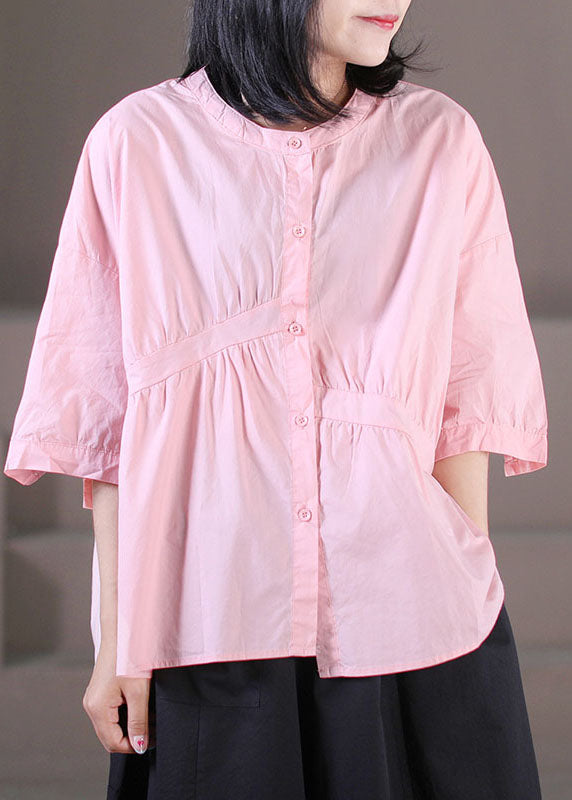 Women Pink O-Neck Asymmetrical Wrinkled Cotton Shirts Half Sleeve