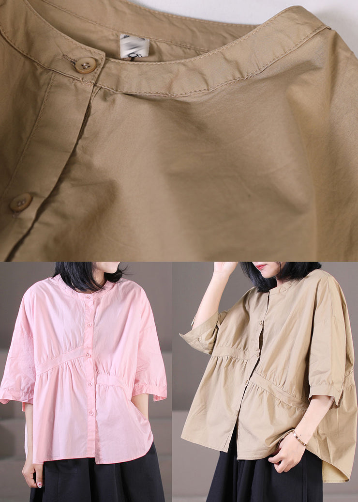 Women Pink O-Neck Asymmetrical Wrinkled Cotton Shirts Half Sleeve