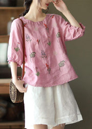 Women Pink O-Neck Embroideried Summer Ramie Blouses Half Sleeve - bagstylebliss