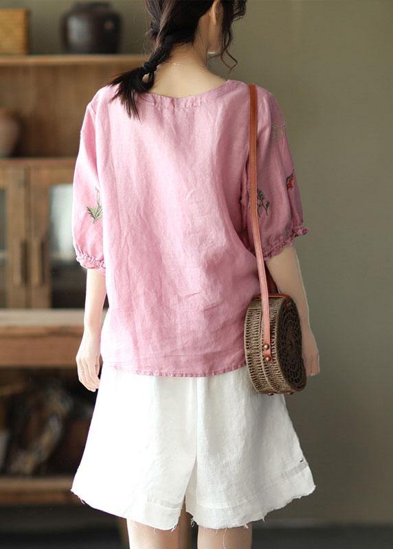 Women Pink O-Neck Embroideried Summer Ramie Blouses Half Sleeve - bagstylebliss