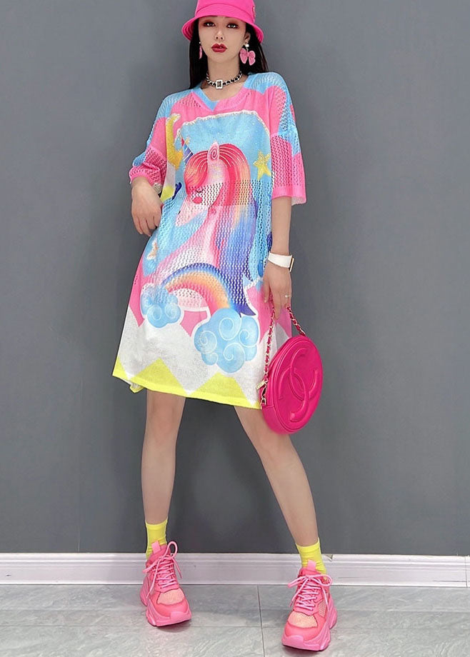 Women Pink O-Neck Horse Print Oversized Vacation Dress Short Sleeve