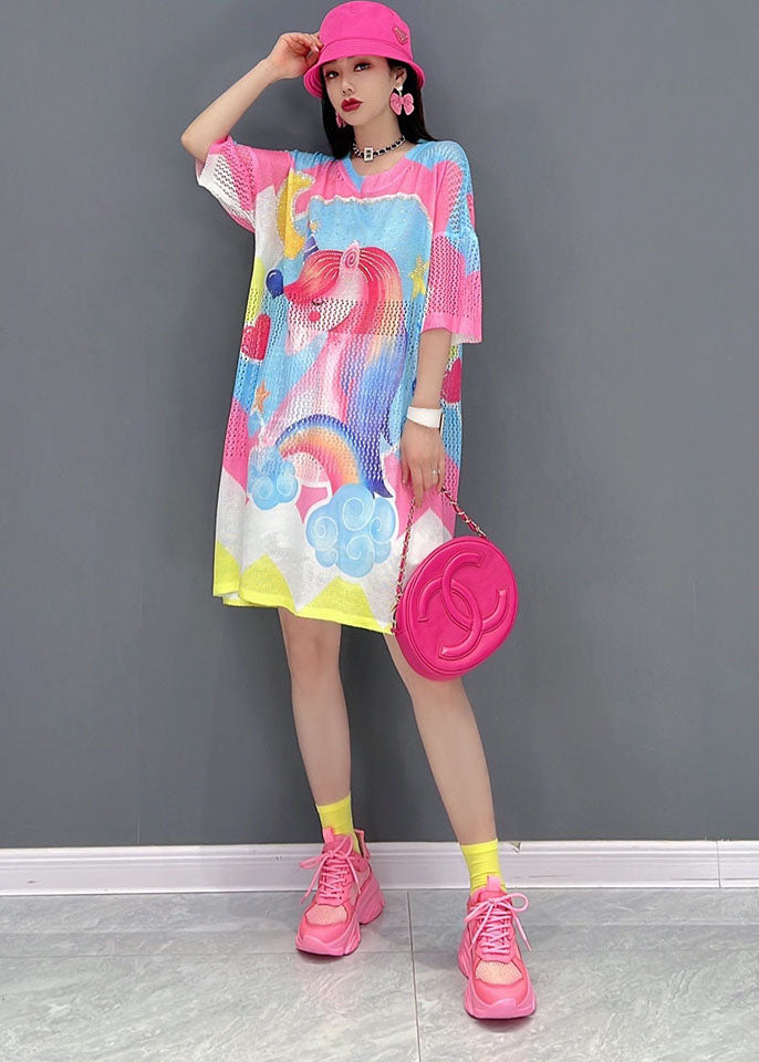 Women Pink O-Neck Horse Print Oversized Vacation Dress Short Sleeve